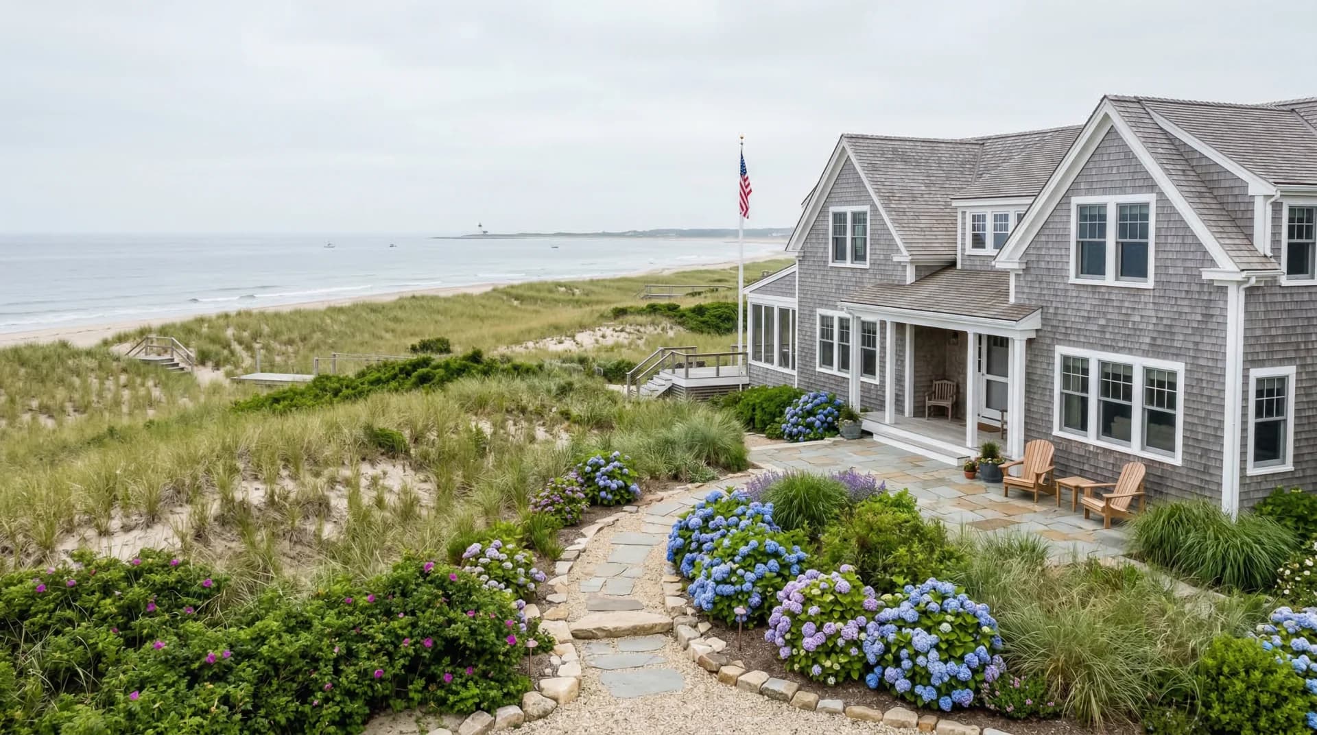 Cape Cod grey shingle coastal home near dunes with hydrangeas