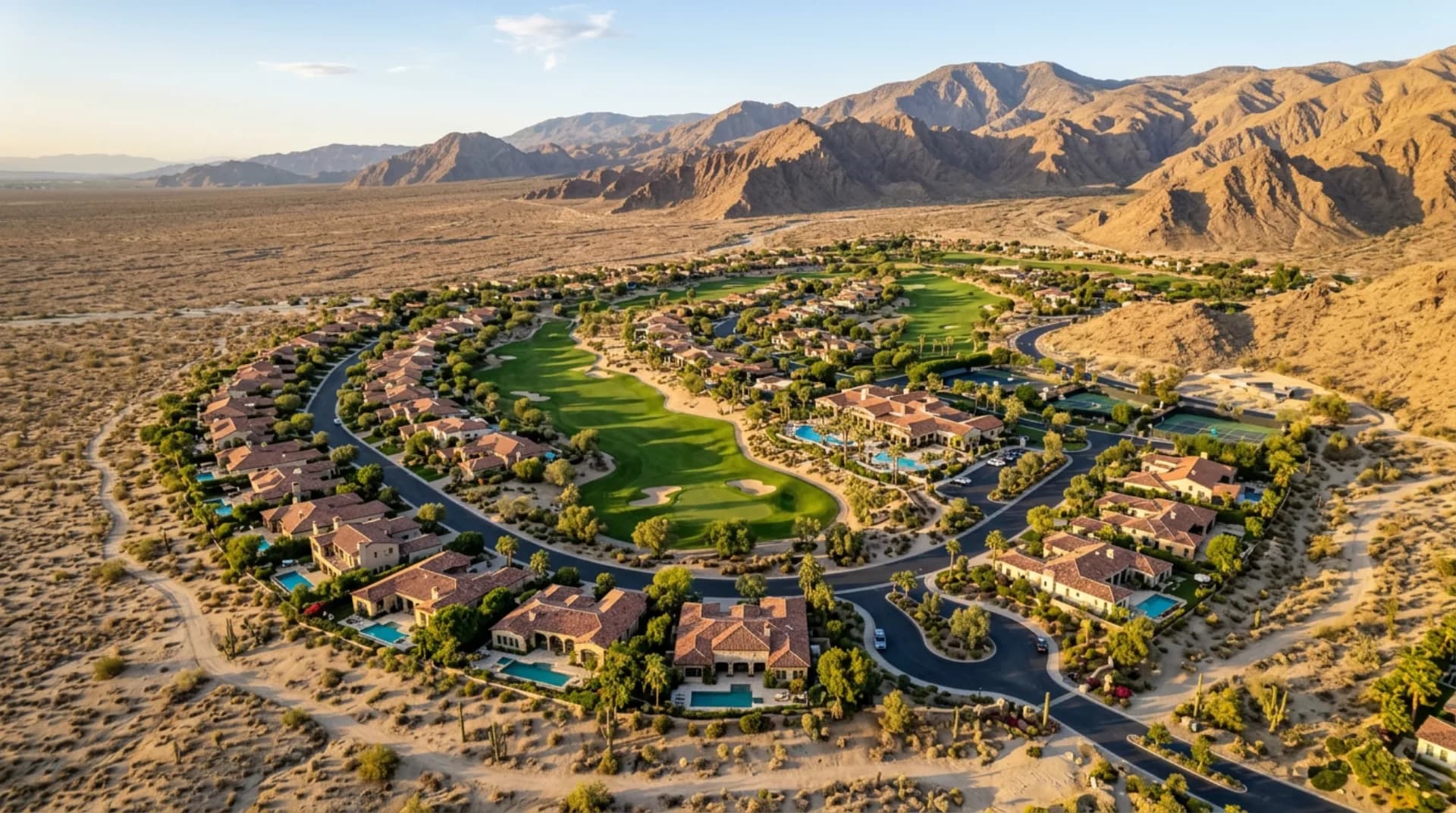 Aerial view of resort community with mountain backdrop