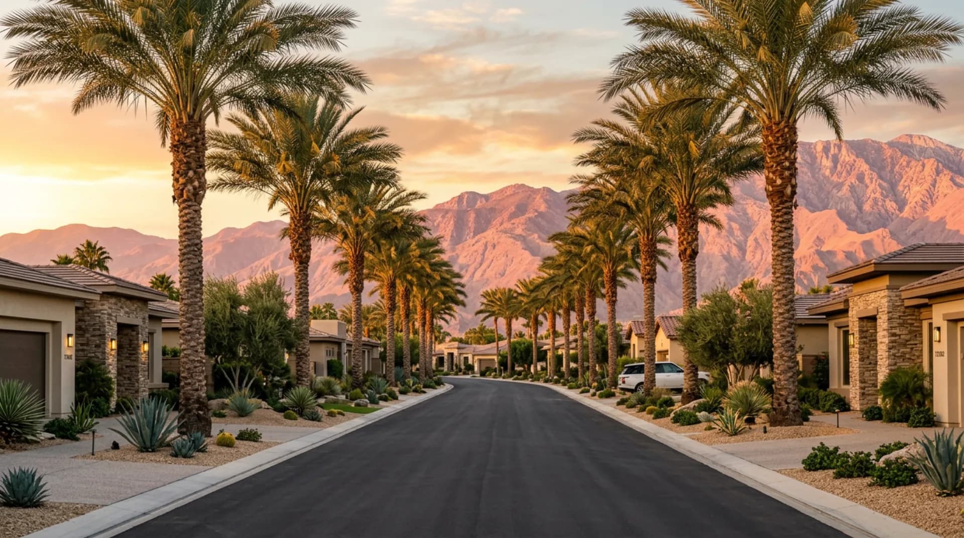 Coachella Valley residential street at dusk with mountain silhouette