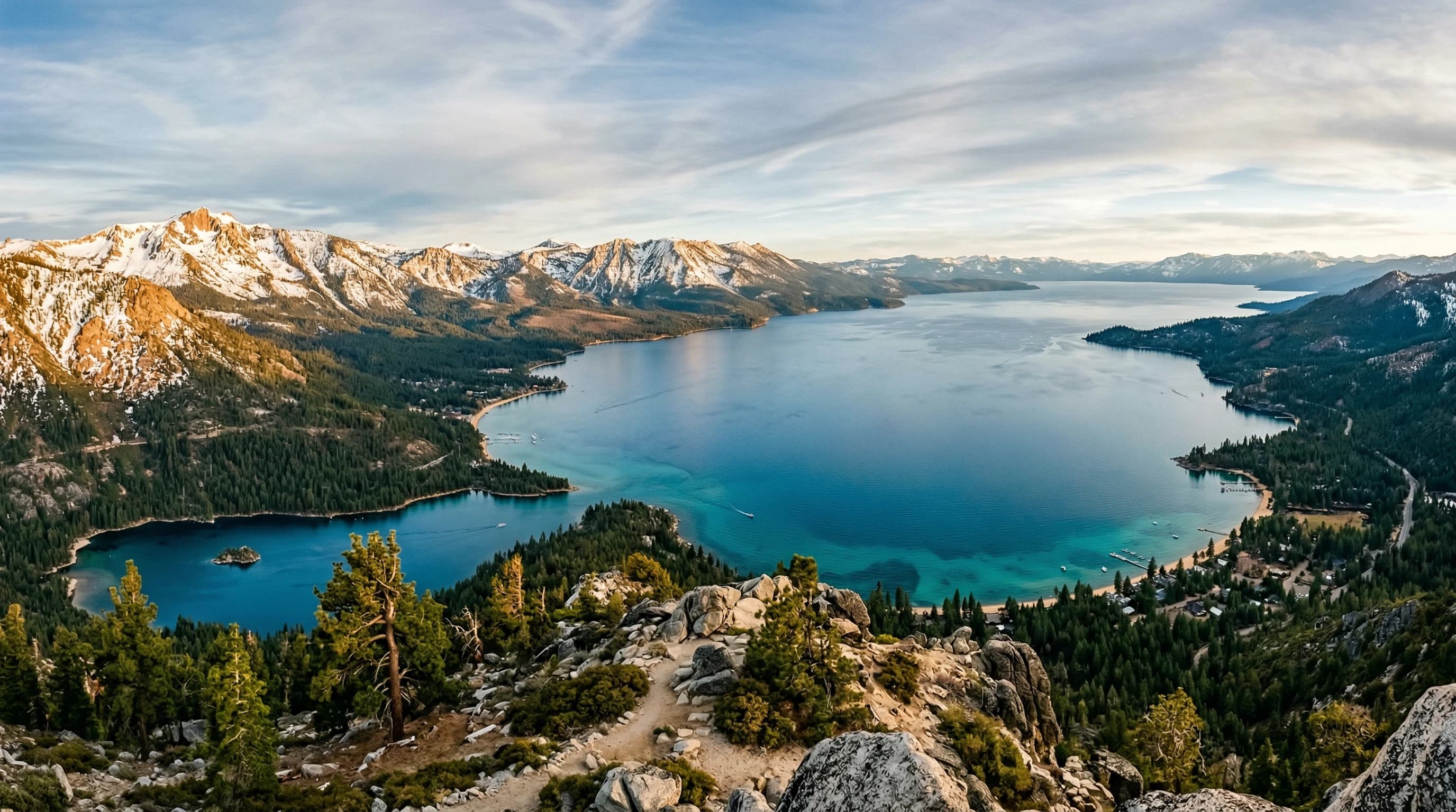 Lake Tahoe crystal blue waters with snow-capped Sierra Nevada mountains