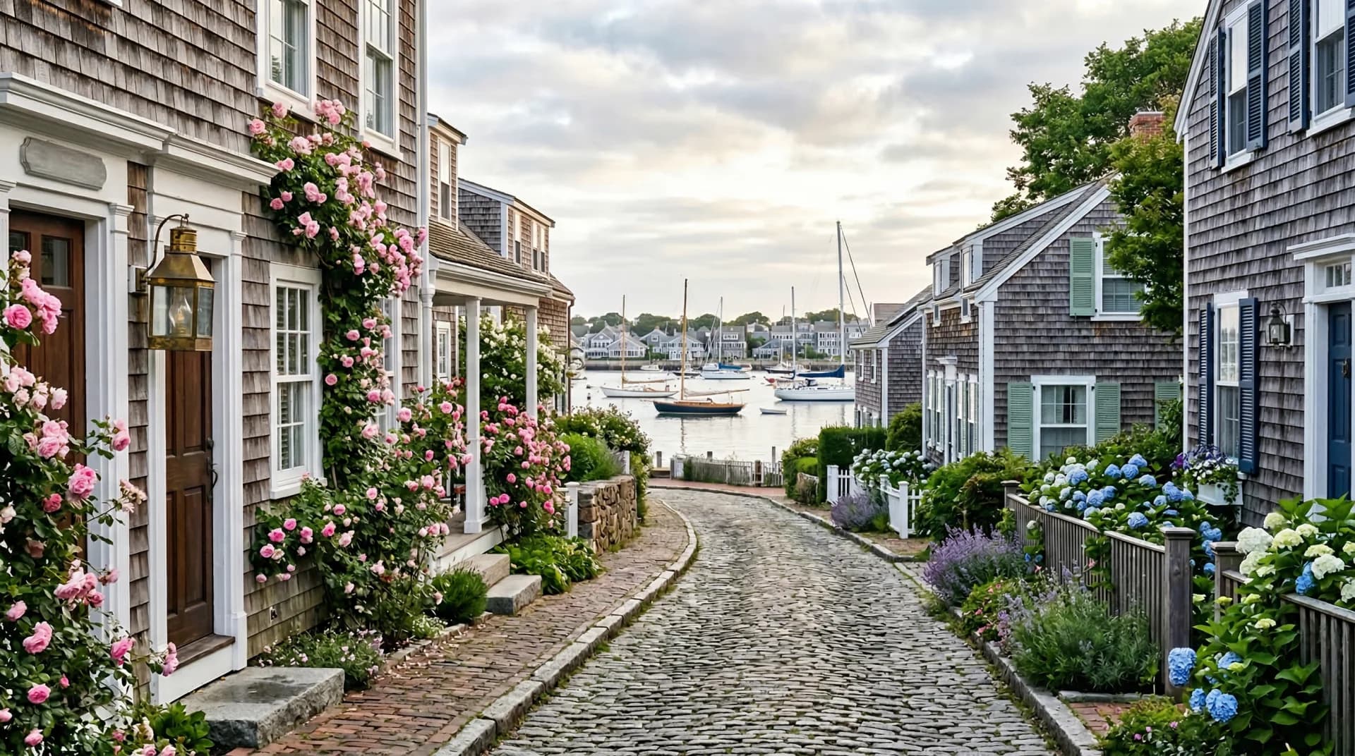 Nantucket cobblestone lane with grey shingle cottages and roses