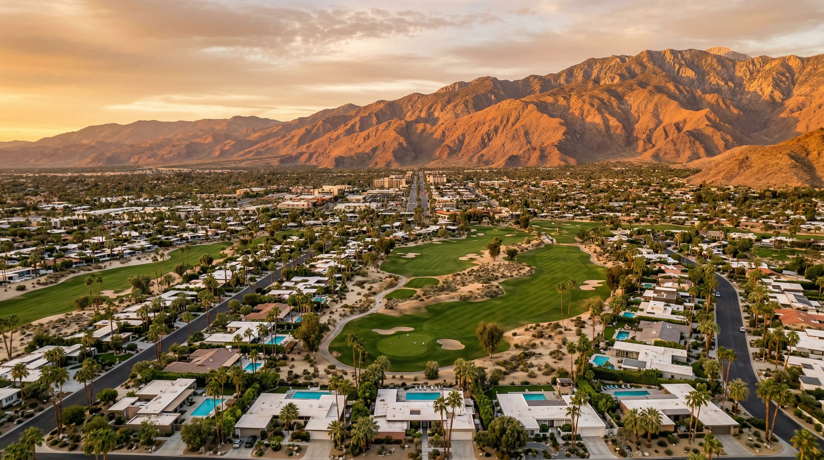 Palm Springs desert landscape with mountain backdrop and mid-century architecture